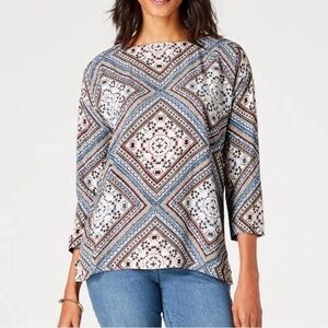 J. Jill Blouse Tunic Boatneck 3/4 Sleeves Lightweight Button Back XL Boho Summer